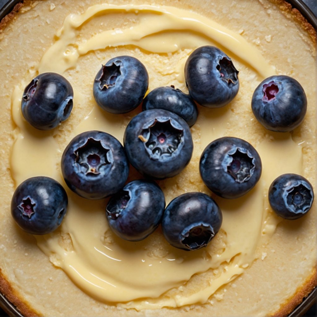 This image shows blueberries in butter cake batter.