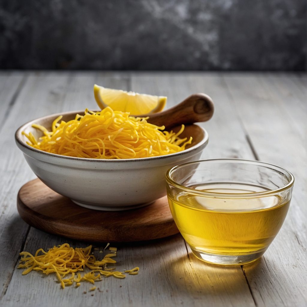 This image shows the prcoess of mixing lemon zest, butter, vegetable oil and sugar in a bowl with the help of a whisk.