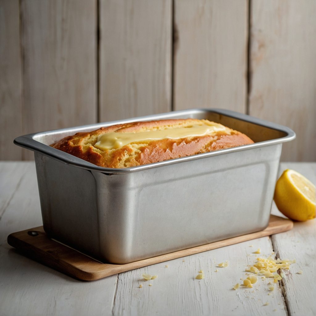 This image shows cooked lemon loaf cake resting in loaf tin.