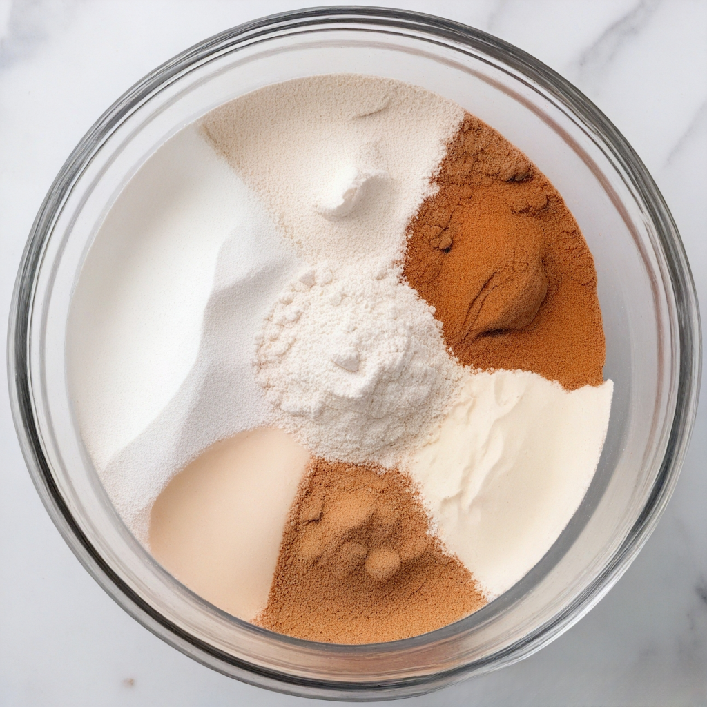 This image shows mixing the dry ingredients (Flour, Salt, Cinnamon Powder, Vanilla, Baking Powder and Baking Soda) for making the pumpkin cake.