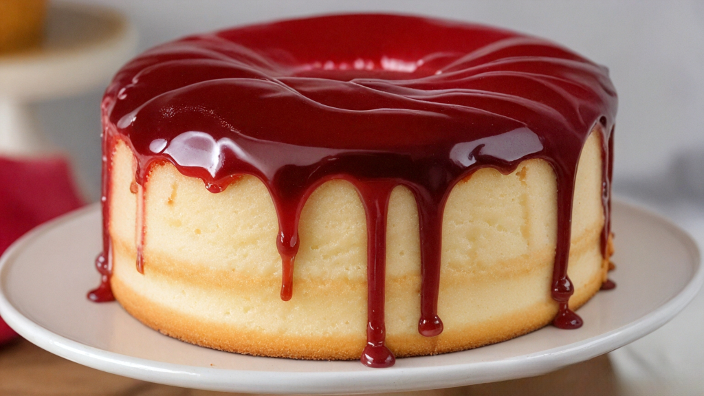 This image shows the eggless vanilla cake with strawberry jam glaze icing on top.