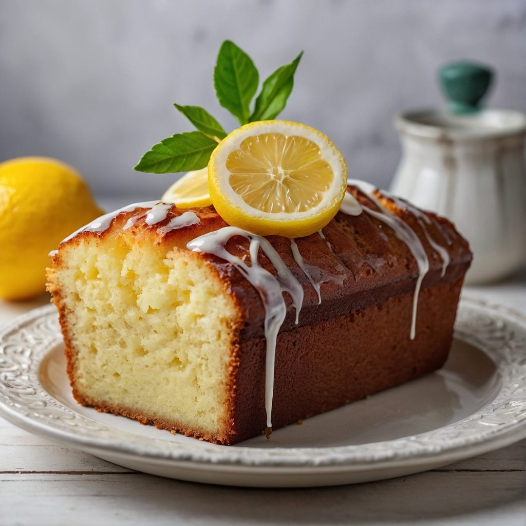 The image shows Lemon Loaf cake served in a plate with lemon.