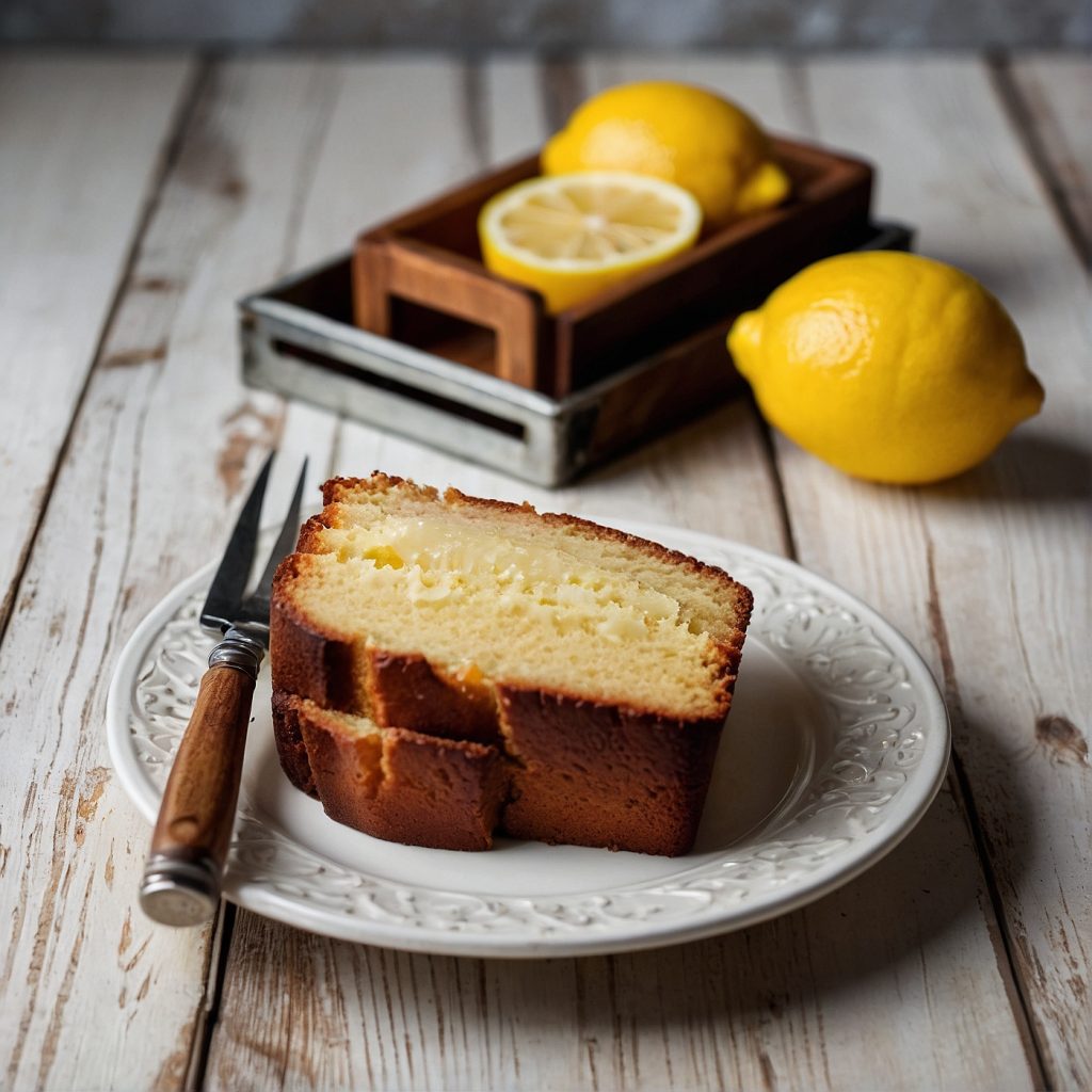 This image shows lemon loaf cake slice served in  a plate with spoon and a few lemons.