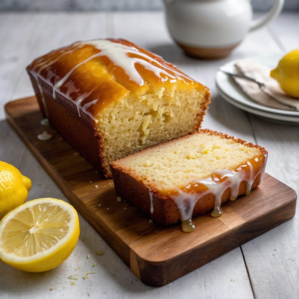 This image shows Lemon Loaf cake served on a wooden tray with lemon glaze spreaded on top with a few lemons nearby for decoration.