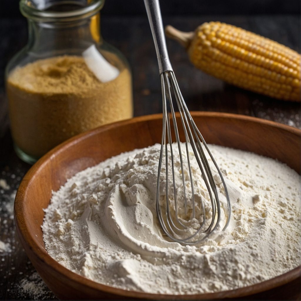 This image shows mixing of dry ingredients needed for making lemon loaf cake in a bowl with whisk.