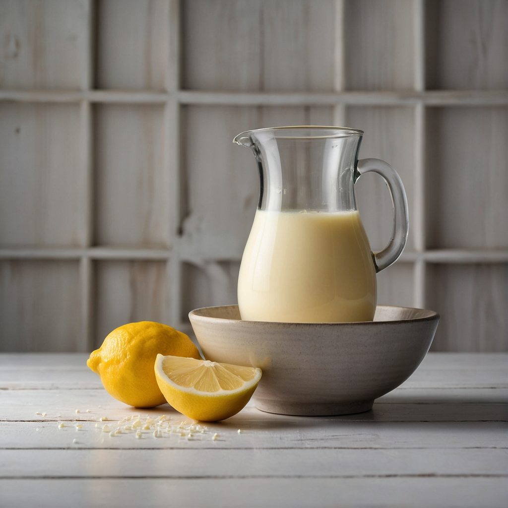 This image shows the process of mixing milk and lemon juice in a bowl for making this lemon loaf cake.