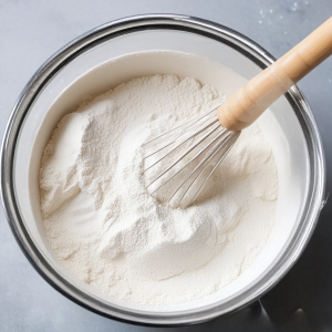 This image shows the process of mixing dry ingredients for making the pineapple cake.