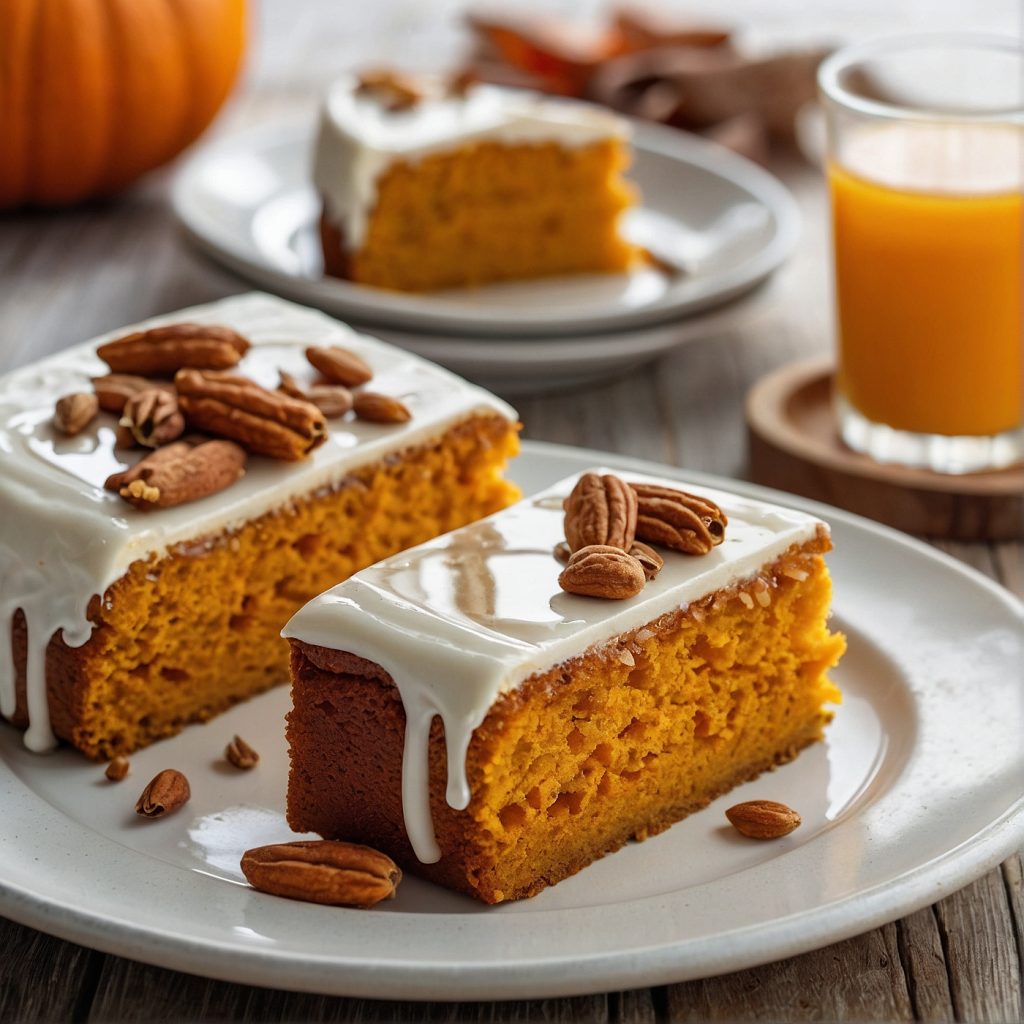 This image shows pumpkin cake slices served in plate.