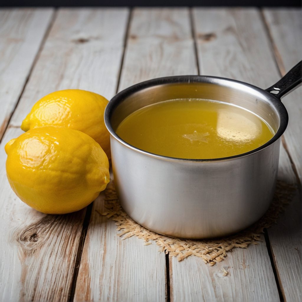 This image shows lemon juice and sugar in a saucepan for making the lemon syrup.