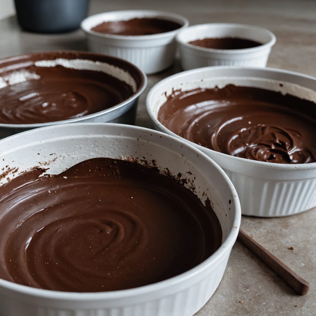 this image shows the process of Divide the batter evenly between the prepared baking tins