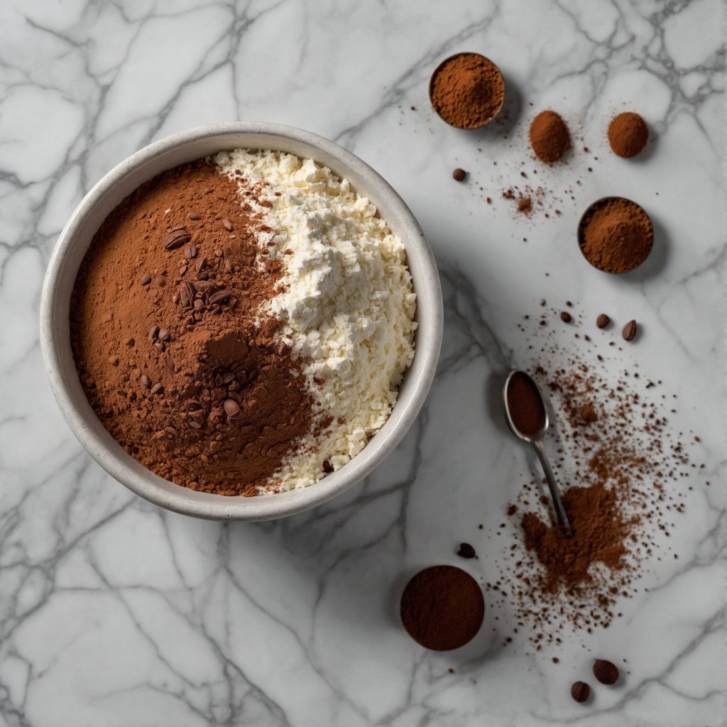 this image shows the process of mixing flour, cornstarch, baking powder, cocoa powder, instant coffee powder, and salt in a bowl