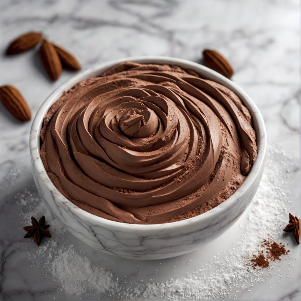 this image shows the process of mixing whipped cream, icing sugar, cocoa powder, and vanilla