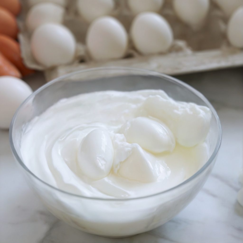 this image shows the process of whipping egg whites and white vinegar until foamy