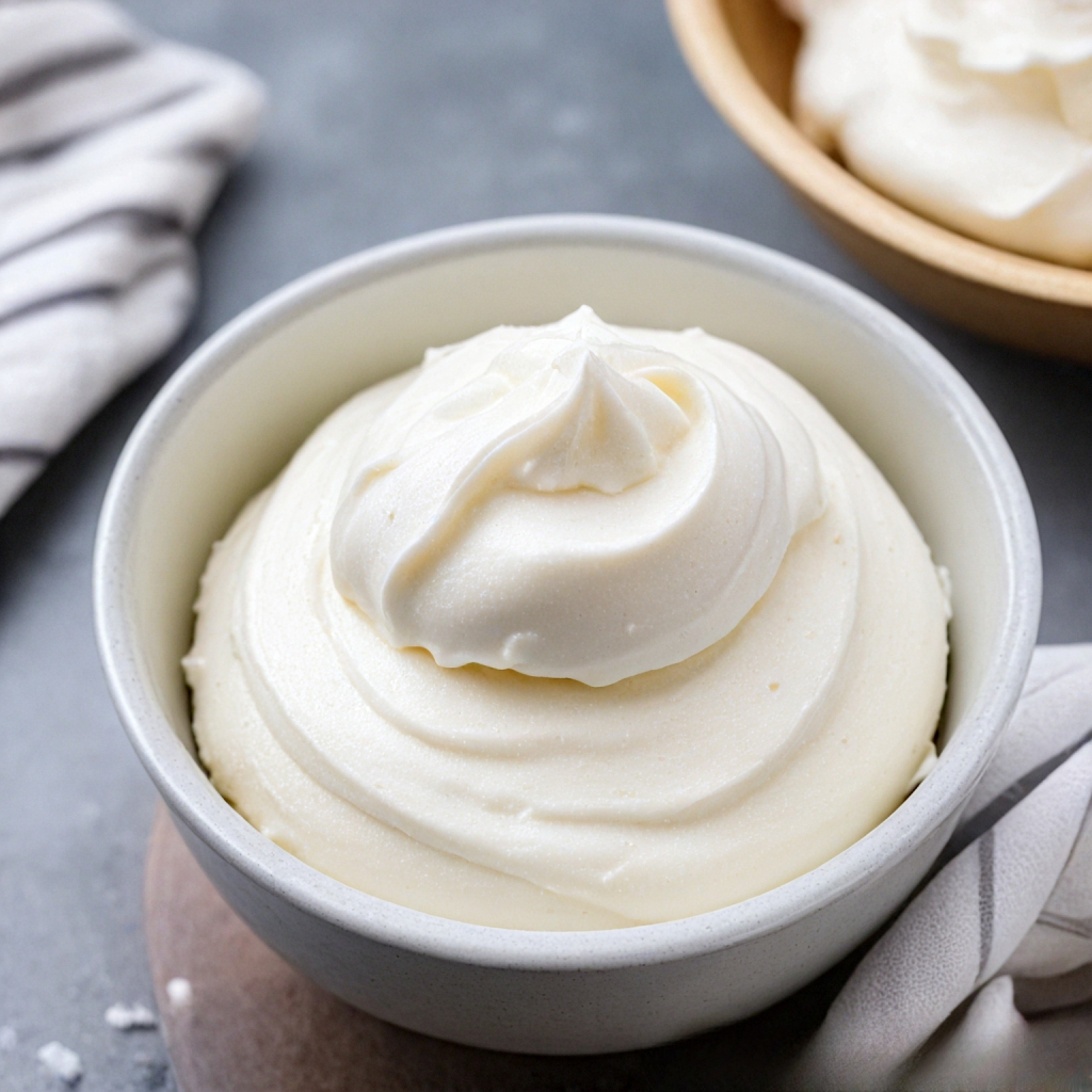 This image shows the vanilla frosting for pumpkin cake in a bowl.