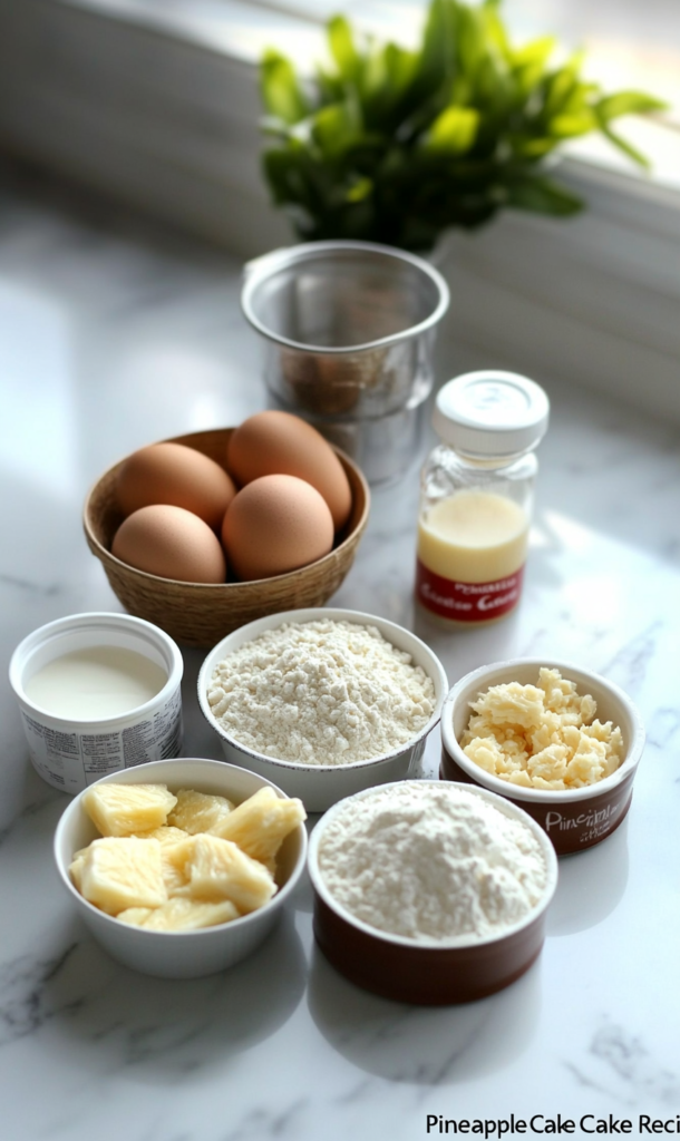 This image shows all the ingredients required for making the pineapple cake.